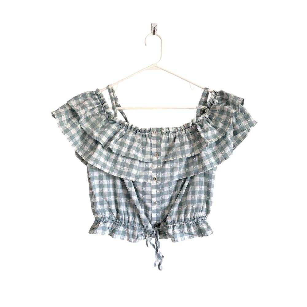 NWT Lauren Conrad Green Gingham Crop Top Off Shoulder Ruffled Large Coquette
